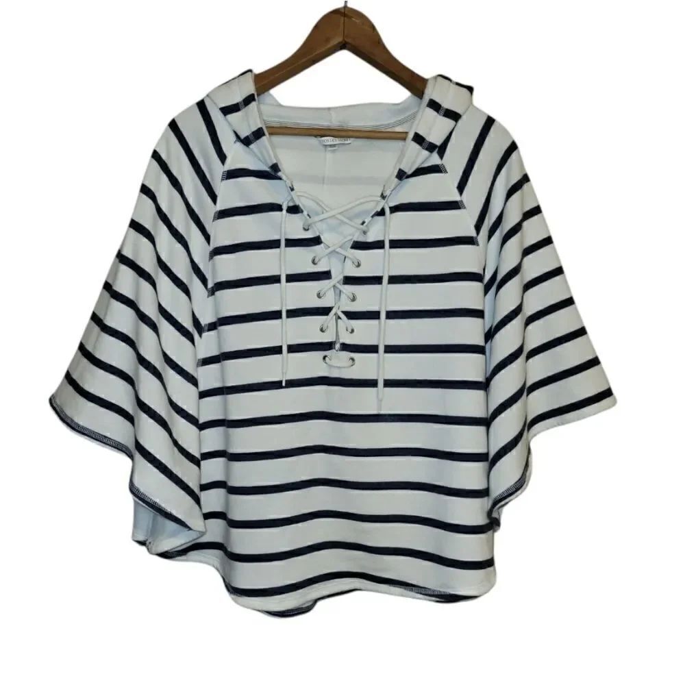 Victoria's Secret Oversized Navy and White Stripe Hooded Sweatshirt Poncho Small - Picture 2 of 13